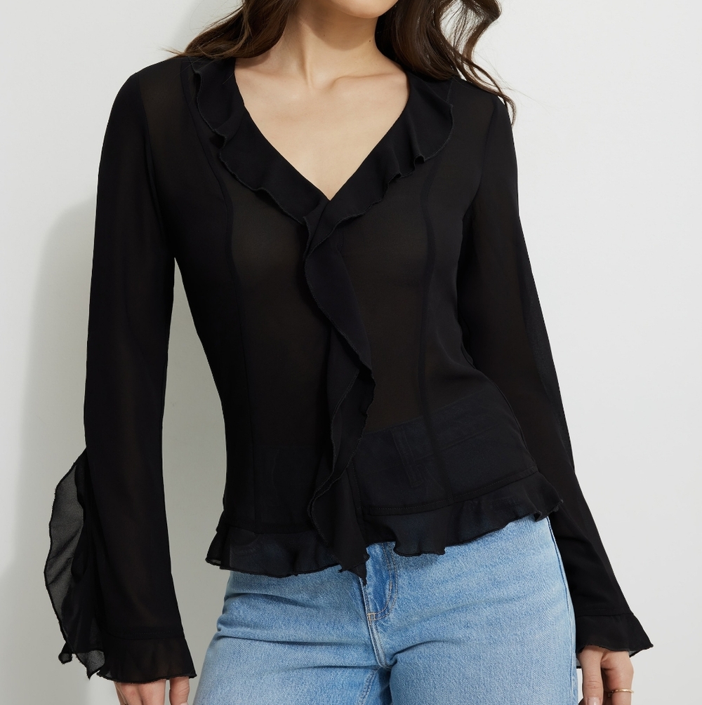 Elegant Black Ruffled Women's Top
